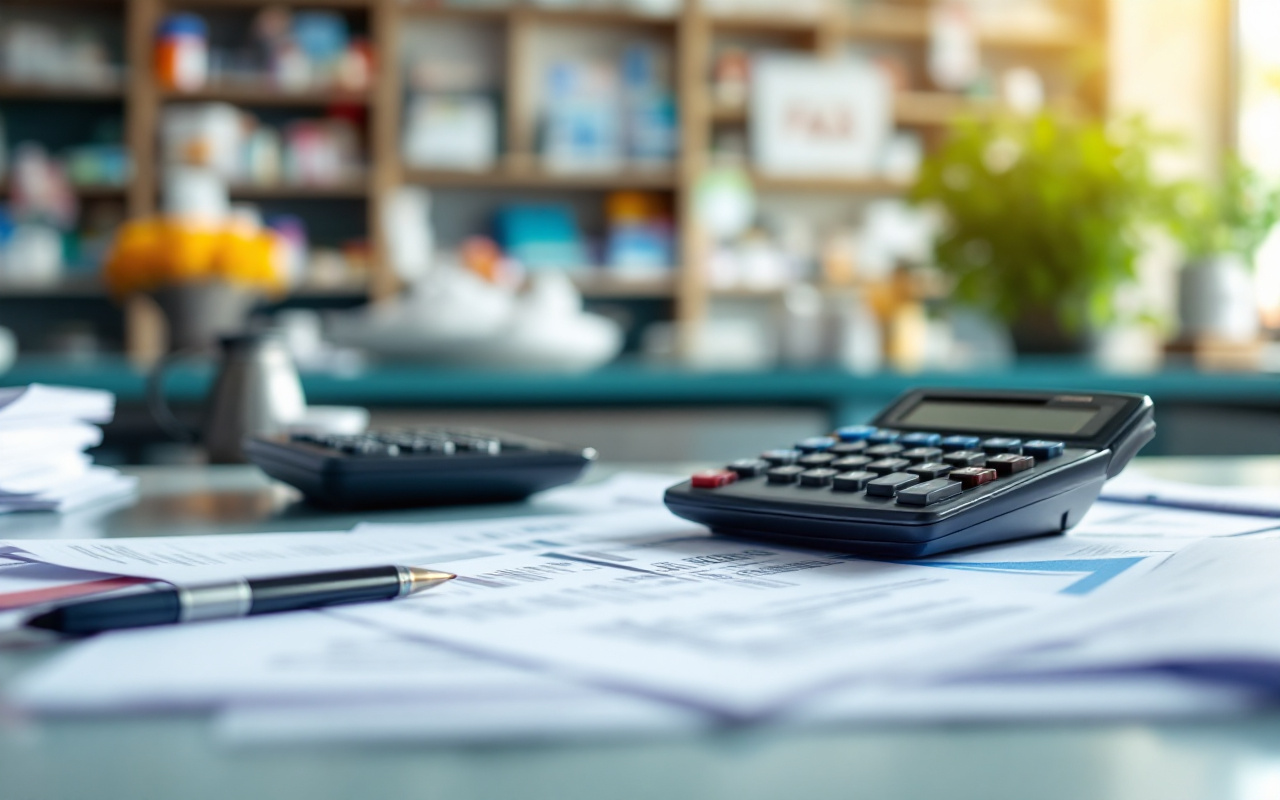 Documents fiscaux et une calculatrice posés sur un comptoir de pharmacie, entourés d'ordonnances et de boîtes de médicaments, lumière naturelle volumétrique douce, arrière-plan de rayons et d'un pharmacien flou.