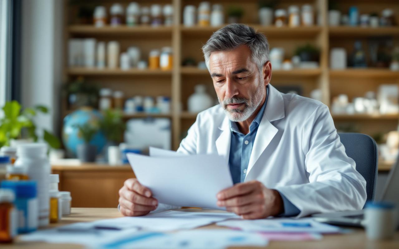 Photographie réaliste d'un pharmacien d'âge moyen en blouse blanche examinant des tableaux de retraite sur un bureau en bois, avec ordinateur portable, documents et flacons d'ordonnance, lumière matinale volumétrique créant une ambiance chaleureuse, étagères organisées en arrière-plan.