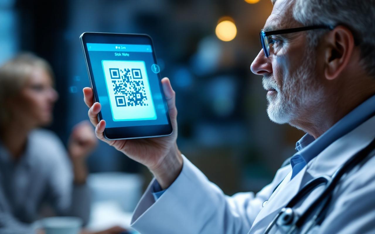 Médecin en blouse blanche scannant un QR code sur une tablette affichant un arrêt de travail électronique, bureau médical lumineux, éclairage doux volumétrique, patient flou en arrière-plan.