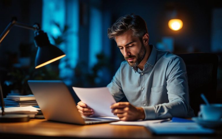 Gestionnaire RH assis(e) à un bureau, éclairé(e) par une lampe de bureau chaude, examinant attentivement un certificat d'arrêt maladie, ordinateur portable et tasse de café à côté, ambiance de bureau sombre avec reflets bleus.