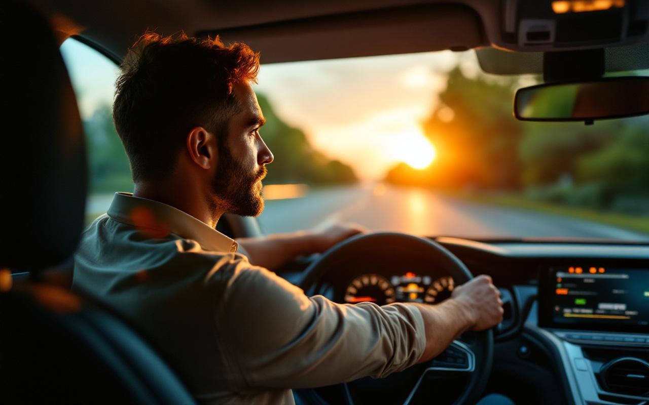 Homme d'affaires au volant d'une berline hybride, concentré et adoptant des techniques d'éco-conduite sur une route suburbane au coucher du soleil, lumière dorée douce, tableau de bord visible et paysage vert en arrière-plan.