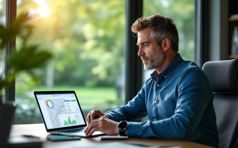 Gestionnaire de flotte consultant un tableau de bord télématique d'éco-conduite sur un laptop et une tablette, affichant cartes et graphiques verts, dans un bureau lumineux avec fenêtre donnant sur des véhicules de flotte.