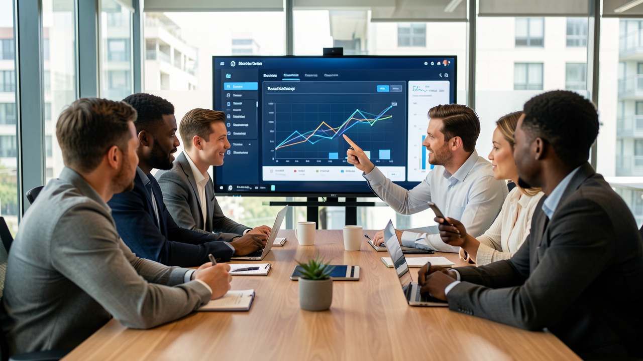 Une équipe de PME se réunit dans un bureau moderne autour d’un tableau de bord IA affiché sur un grand écran, échangeant et analysant des indicateurs avec une ambiance professionnelle réaliste.