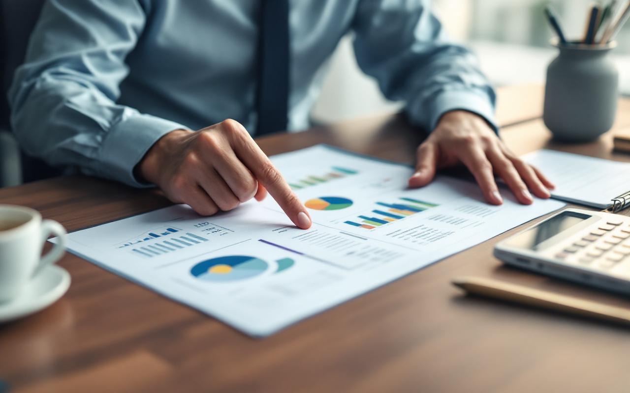 Responsable analysant un budget de déplacements professionnels sur un bureau moderne, avec graphiques, billets d’avion et documents d’assurance.