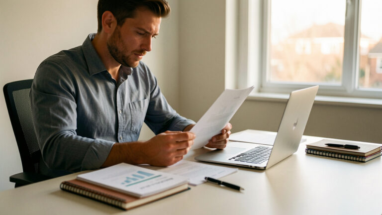 Entrepreneur au bureau, préparant le lancement de son activité avec un ordinateur, un carnet et des documents, dans une ambiance calme et lumineuse.
