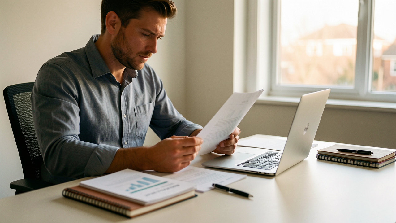 Entrepreneur au bureau, préparant le lancement de son activité avec un ordinateur, un carnet et des documents, dans une ambiance calme et lumineuse.