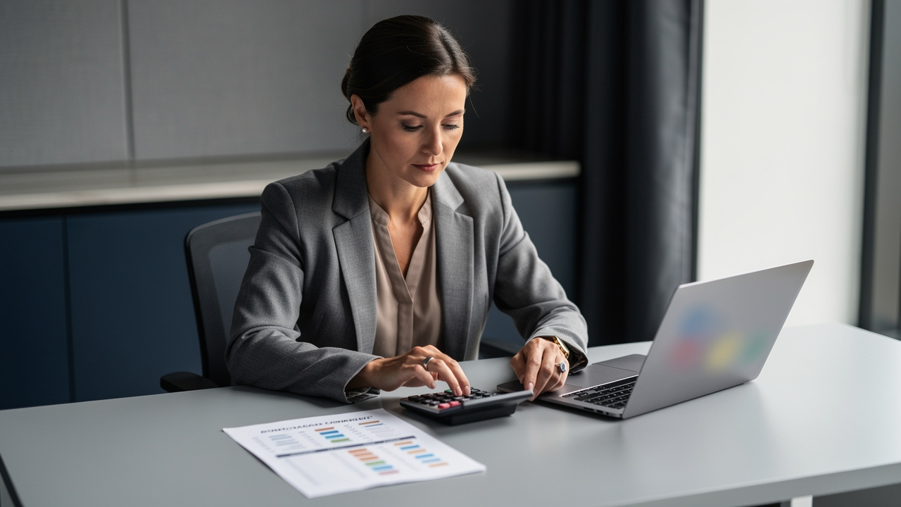 Une consultante indépendante analyse un tableau de garanties d’assurance avec une calculatrice et un ordinateur portable dans un bureau sobre et professionnel.