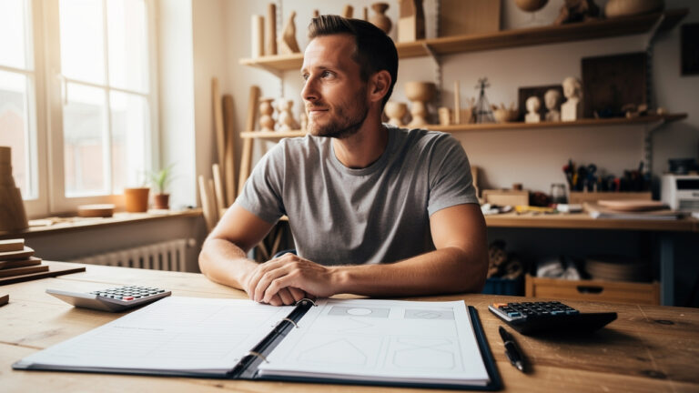 Entrepreneur indépendant travaillant dans un atelier lumineux, avec des documents financiers vierges et un dossier d’assurance prévoyance posés sur son bureau.