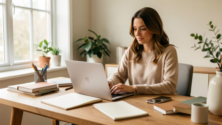 Une femme freelance travaille sur un ordinateur dans un espace de bureau lumineux, avec un carnet vierge et un téléphone posés sur le bureau.