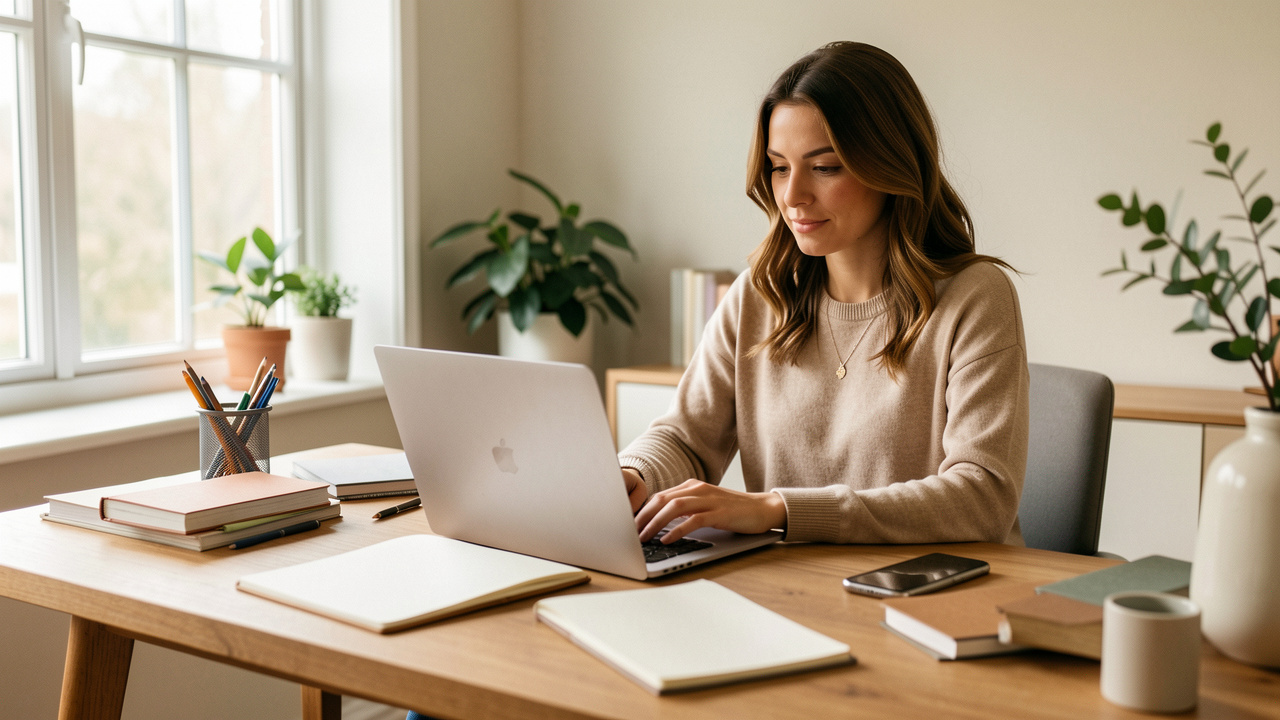 Une femme freelance travaille sur un ordinateur dans un espace de bureau lumineux, avec un carnet vierge et un téléphone posés sur le bureau.