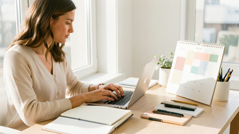 Femme freelance travaillant sur un ordinateur dans un bureau lumineux, avec un carnet ouvert, un calendrier vierge et des outils professionnels soigneusement disposés sur le bureau.