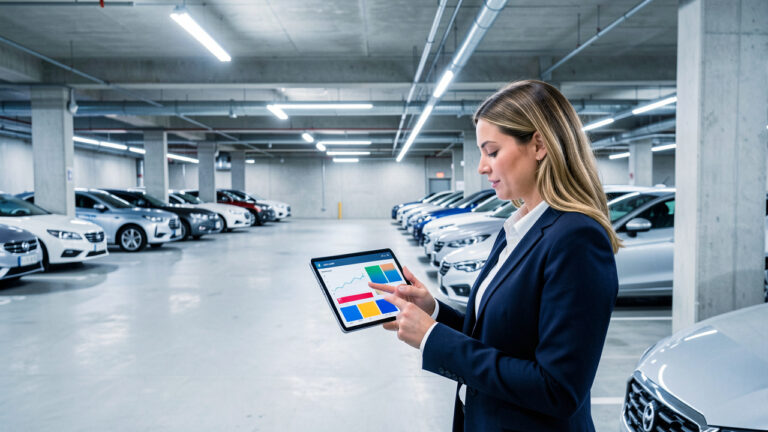 Une gestionnaire d’entreprise analyse un tableau de bord de flotte automobile sur une tablette dans un parking professionnel moderne, entourée de véhicules soigneusement stationnés.