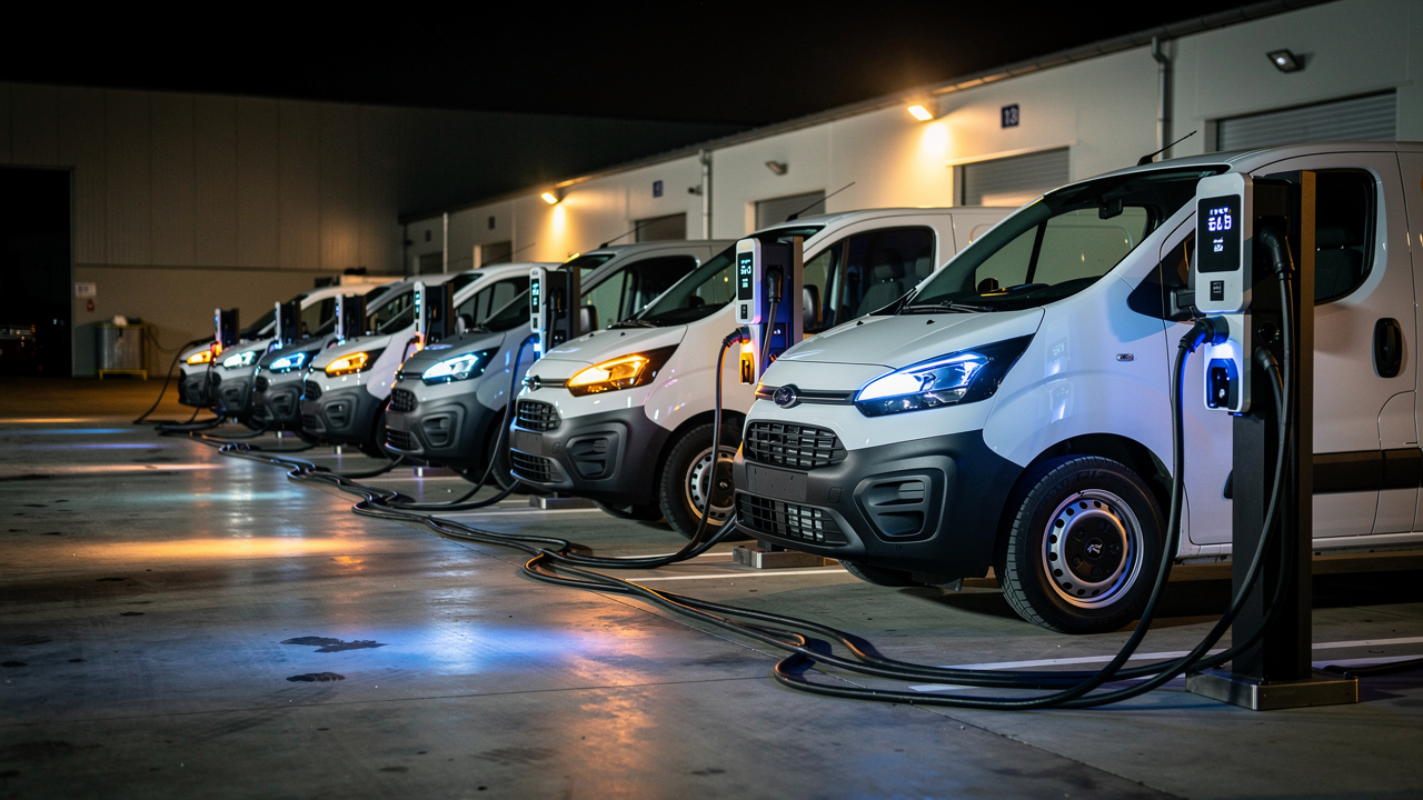 Borne de recharge alimentant plusieurs fourgons électriques dans un dépôt industriel pendant la nuit.