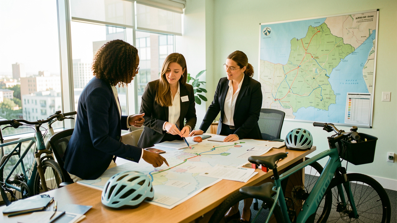Équipe d’entreprise composée de deux femmes et d’un homme planifiant des déplacements durables autour d’une carte, avec des vélos électriques et des casques à proximité.