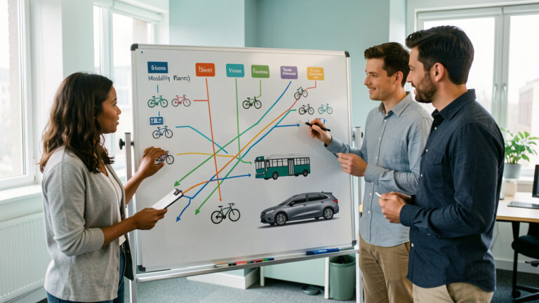 Équipe mixte réunie autour d’un tableau visuel présentant des vélos, des transports en commun et un véhicule professionnel discret dans un bureau moderne.