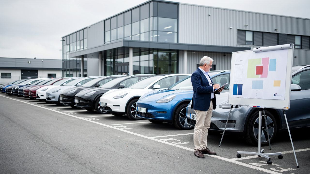Parc de véhicules utilitaires électriques et thermiques stationnés devant un dépôt moderne, avec un homme consultant un tableau de coûts visuel sans texte.