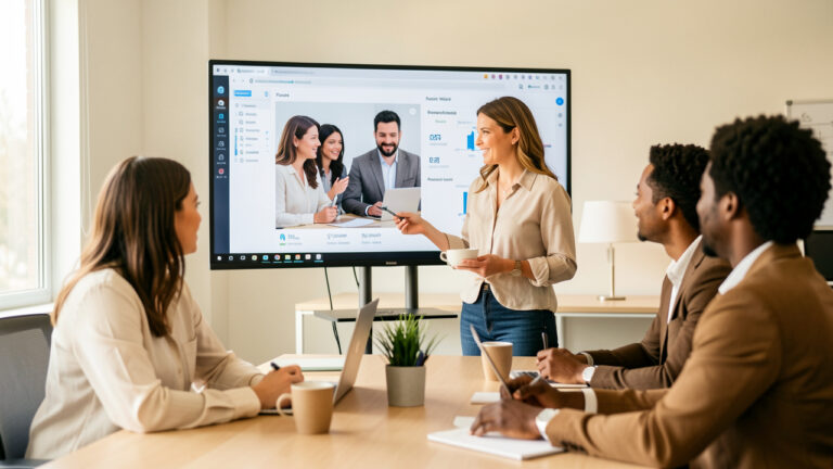 Une dirigeante de PME analyse un tableau de bord visuel d’intelligence artificielle avec son équipe dans un bureau lumineux.