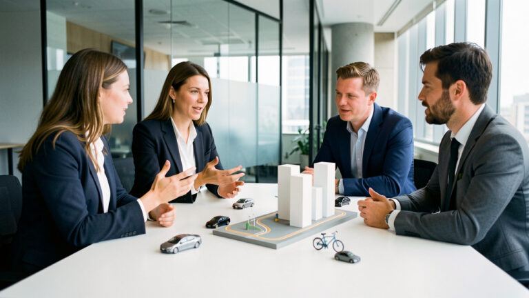 Équipe d’entreprise composée de deux femmes et deux hommes planifiant des déplacements autour de modèles de voitures, de vélo et de transports urbains dans un bureau moderne.