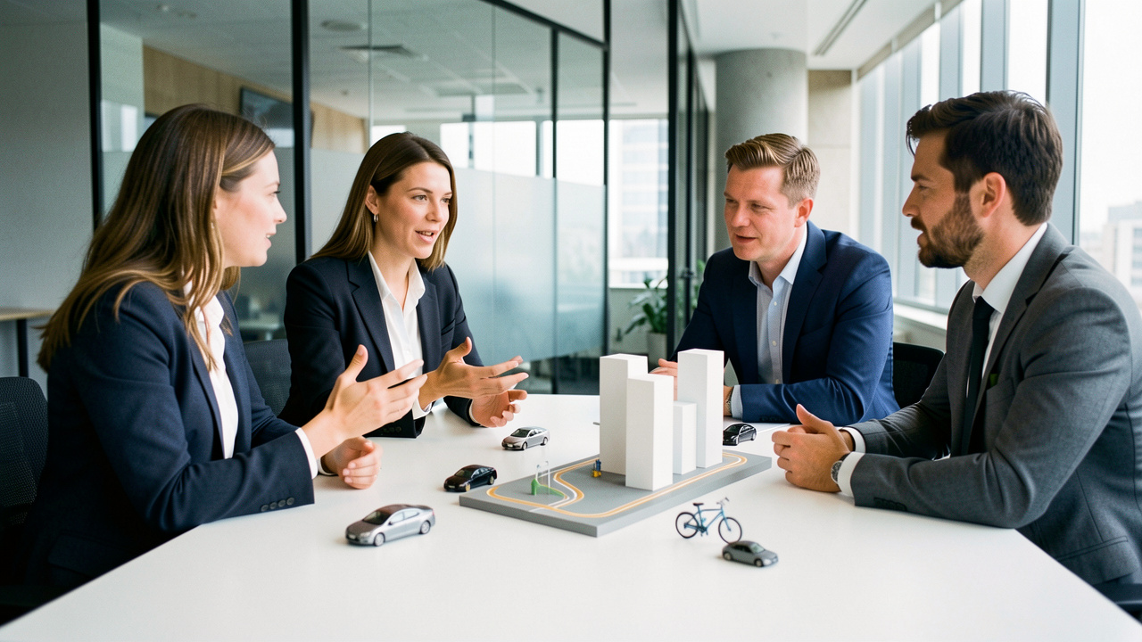 Équipe d’entreprise composée de deux femmes et deux hommes planifiant des déplacements autour de modèles de voitures, de vélo et de transports urbains dans un bureau moderne.