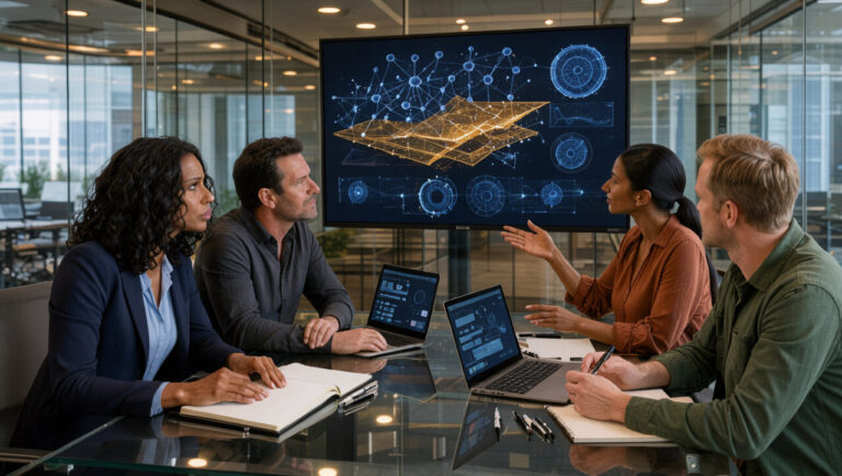 Équipe marketing et informatique réunie dans une salle de conférence moderne pour comparer des visualisations abstraites de solutions d’intelligence artificielle sur un grand écran.